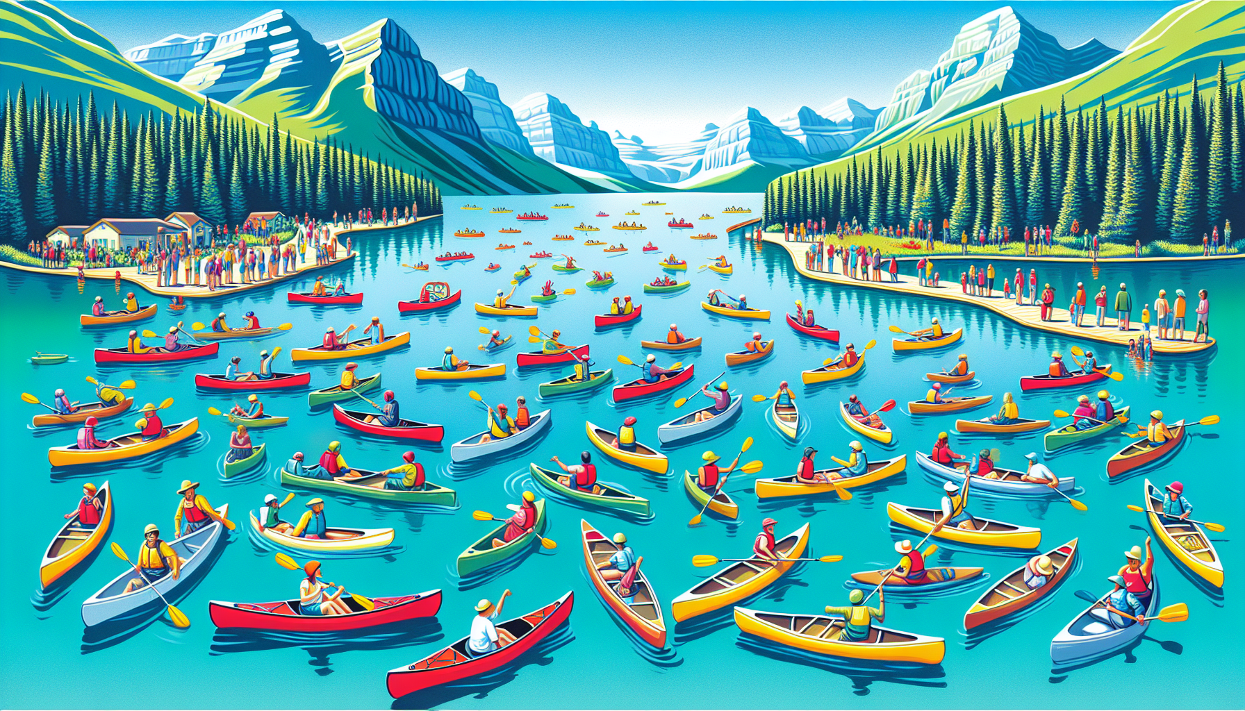 Illustration of visitors enjoying canoeing and kayaking on the pristine waters of Waterton Lakes
