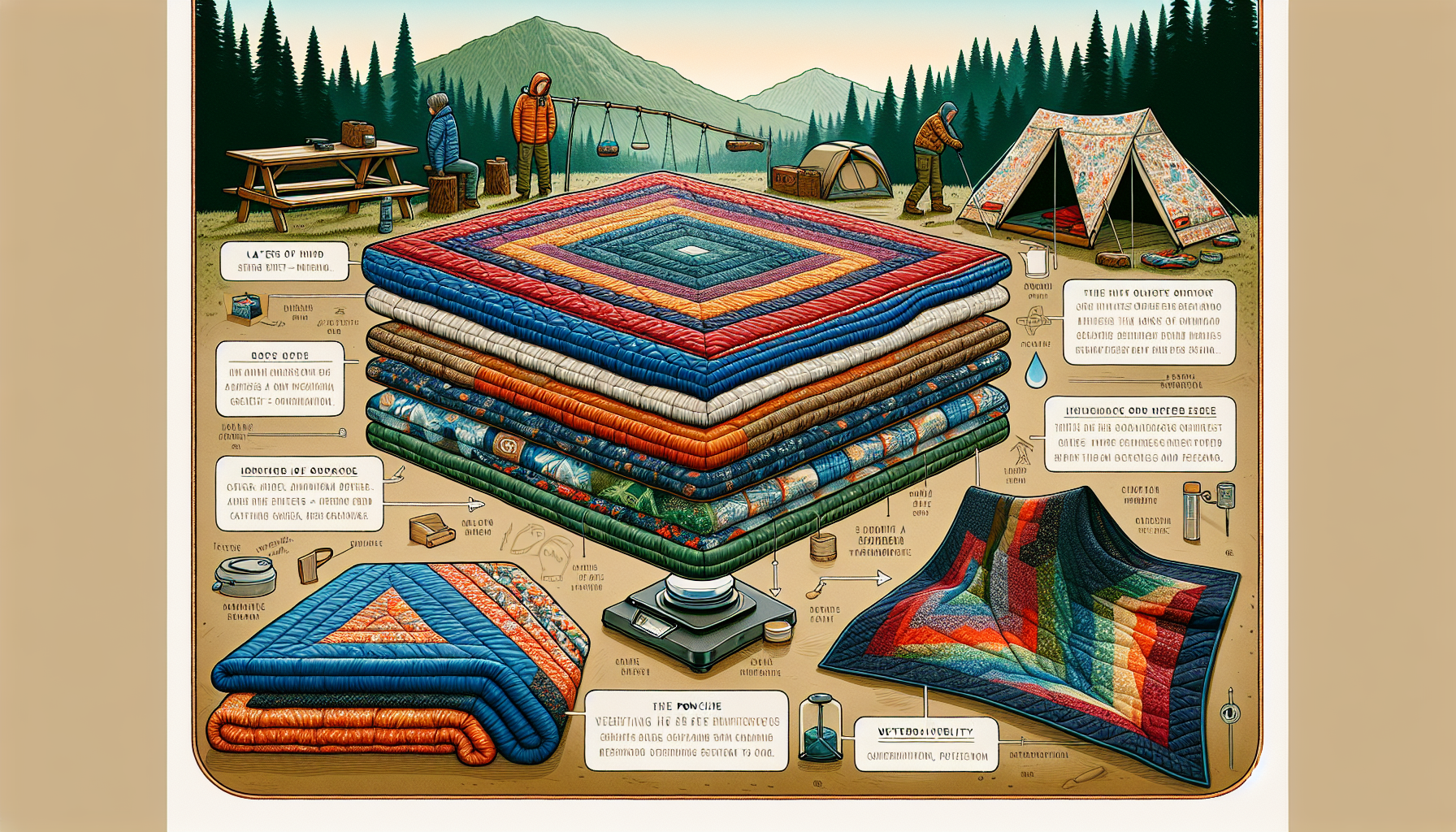 Illustration of various features to consider when selecting a camp quilt