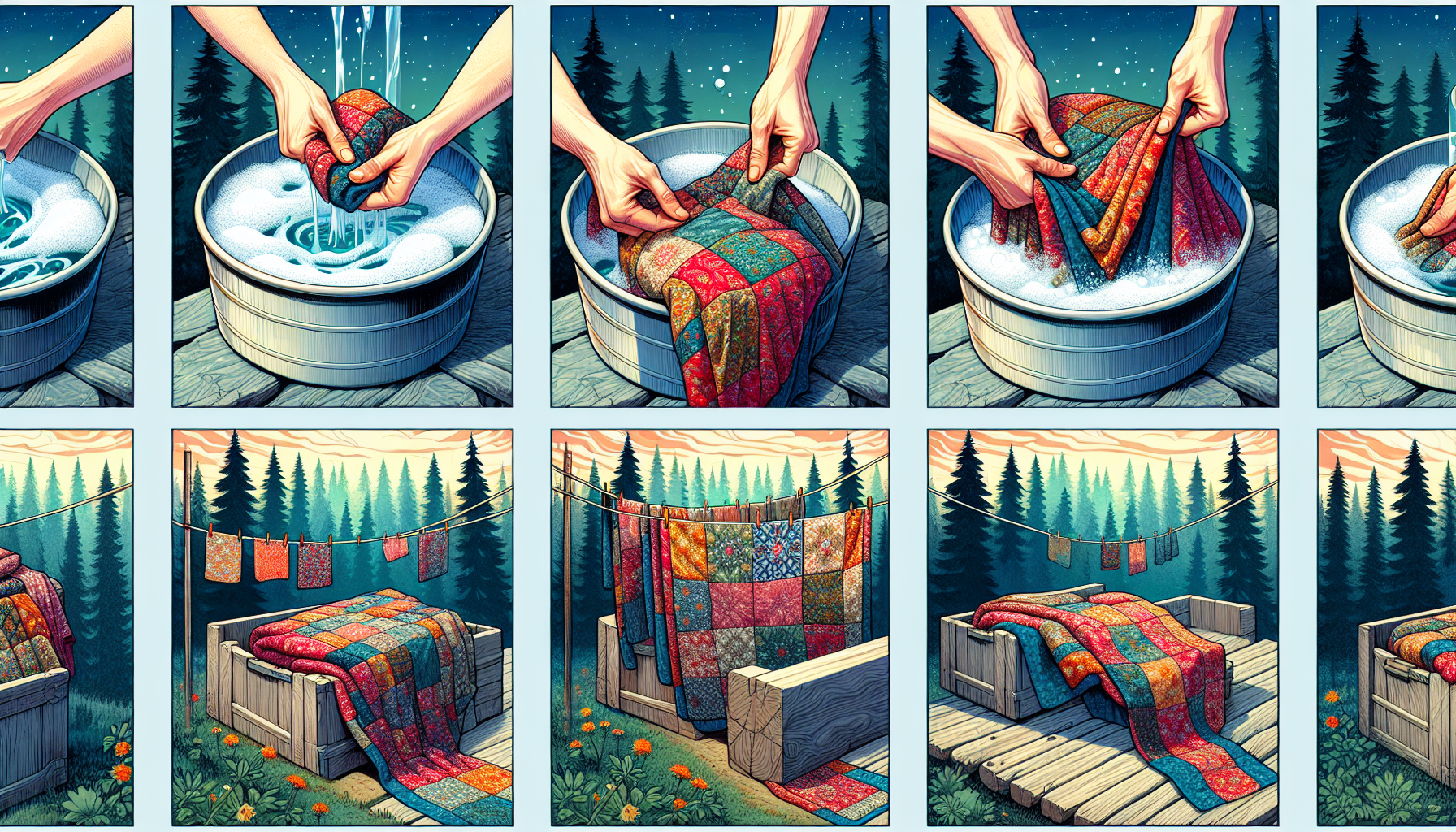 Illustration of a camp quilt being washed and dried