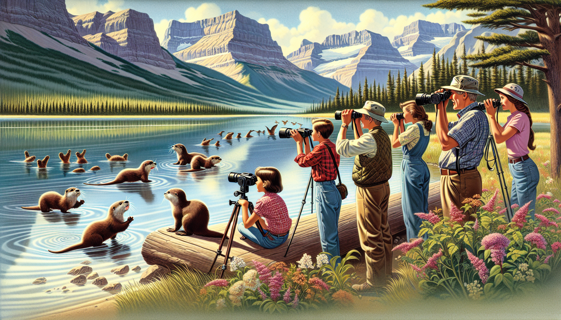 Illustration of wildlife watching along the shoreline of Waterton Lakes, with the park's serene beauty in the background